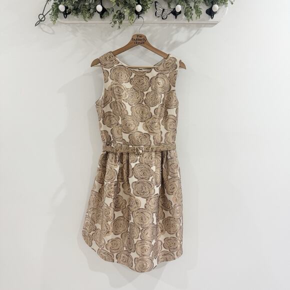 Eliza J Brocade Rose Embroidered Metallic Dress With Belt Size 10 - Picture 1 of 4